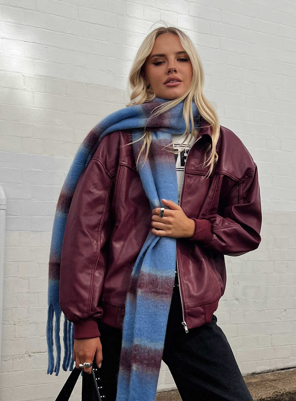 Bomber jacket  Oversized fit, faux leather material, classic collar, zip front fastening, ribbed waistband and cuffs, twin hip pockets Non-stretch, fully lined 
