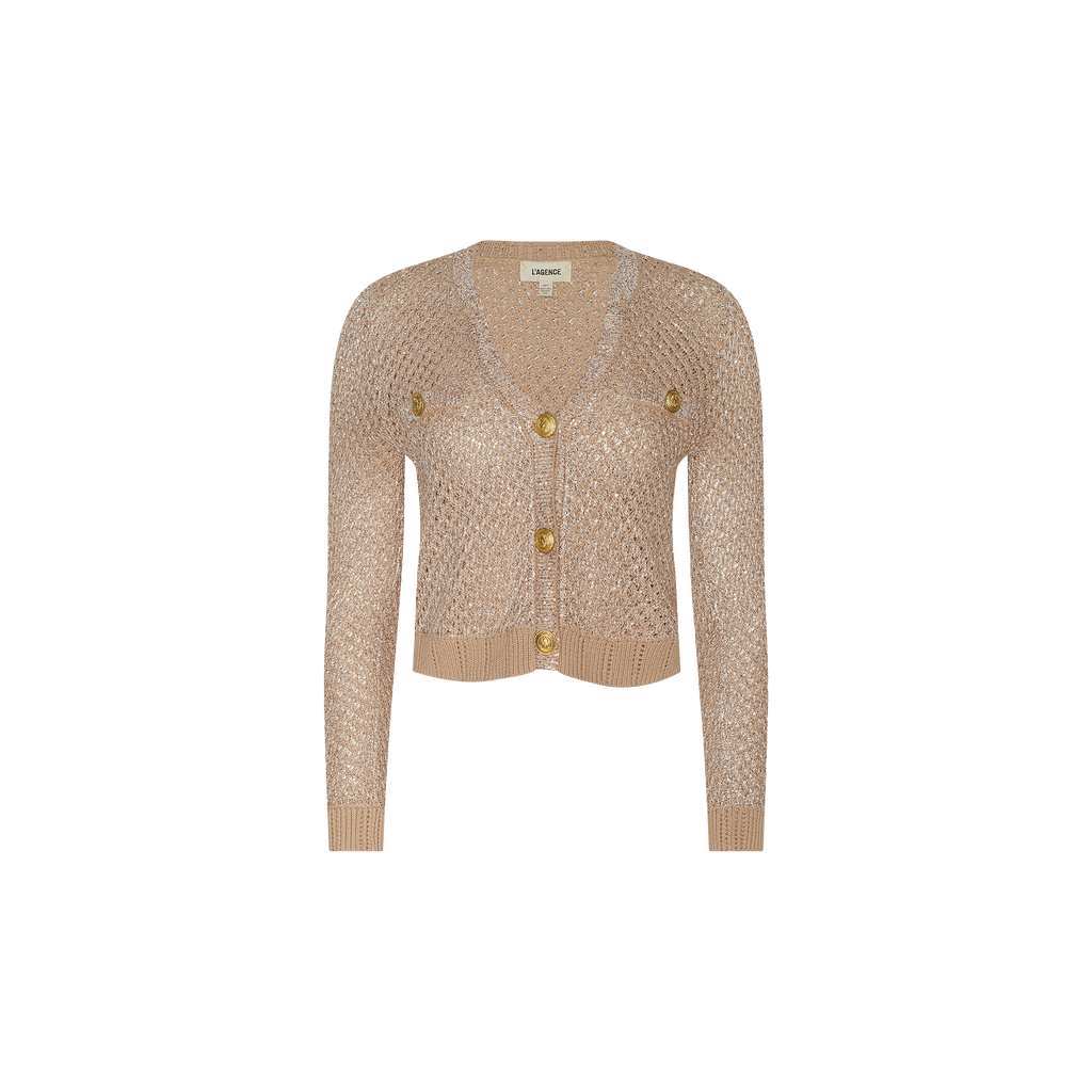 Blanca Sequin Cardigan — a beige, long-sleeve cropped knit with a V-neckline and four large gold buttons down the front, shown against a plain white background. This lightweight layer in a neutral tan shade is perfect for complementing any wardrobe.