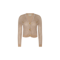 Blanca Sequin Cardigan — a beige, long-sleeve cropped knit with a V-neckline and four large gold buttons down the front, shown against a plain white background. This lightweight layer in a neutral tan shade is perfect for complementing any wardrobe.