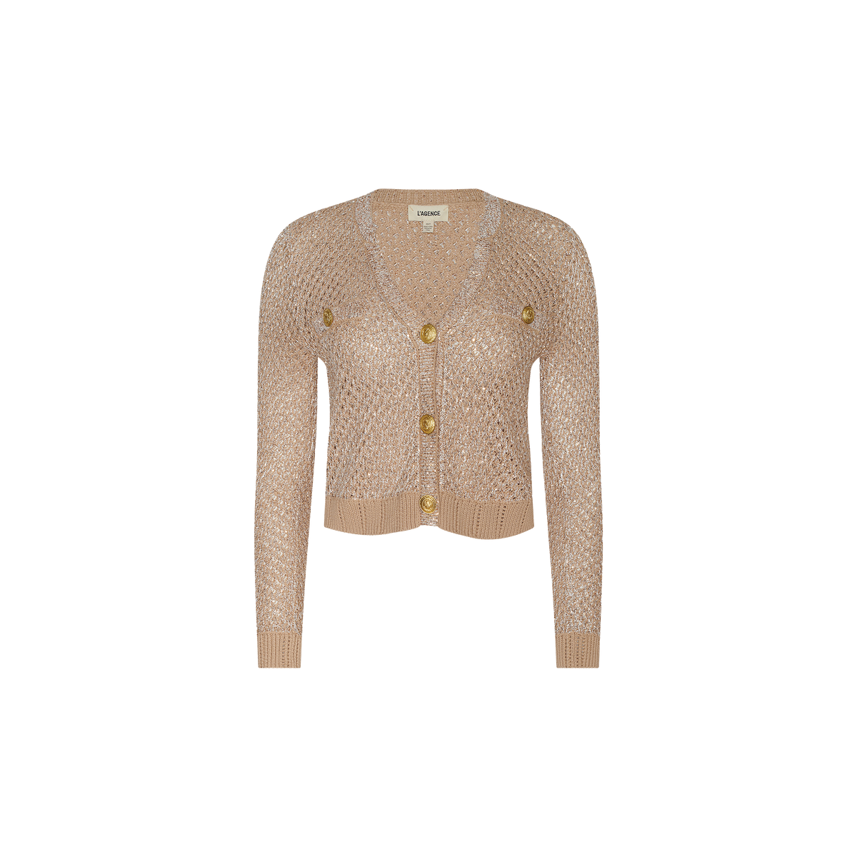 Blanca Sequin Cardigan — a beige, long-sleeve cropped knit with a V-neckline and four large gold buttons down the front, shown against a plain white background. This lightweight layer in a neutral tan shade is perfect for complementing any wardrobe.