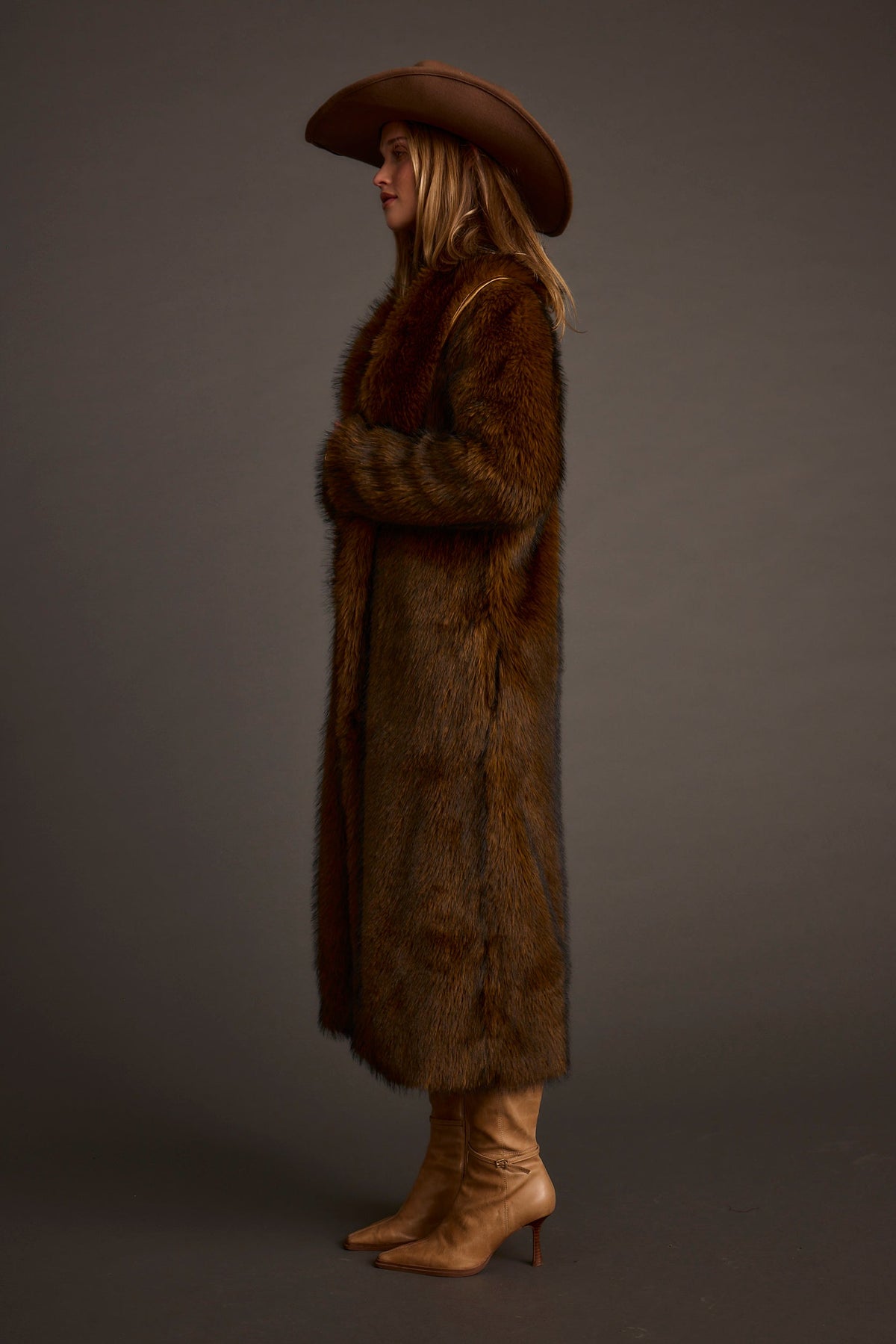Additional view of the Manhattan Brown Faux Fur Coat from a different perspective.
