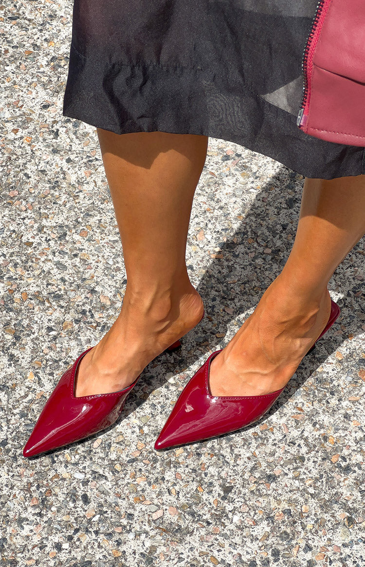 Beginning Boutique Morley Cherry Red Patent Mule Heels cherry red patent pointed toe mule heels with a V-cut vamp and low kit