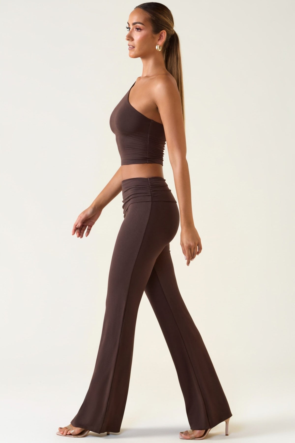 Oh Polly's Priscilla wearing the Hollis Trousers in Chocolate Brown Modal fabric perfect for office meetings