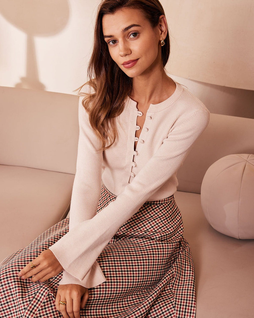 The Apricot Round Neck Button Up Knit Top - RIHOAS - 04