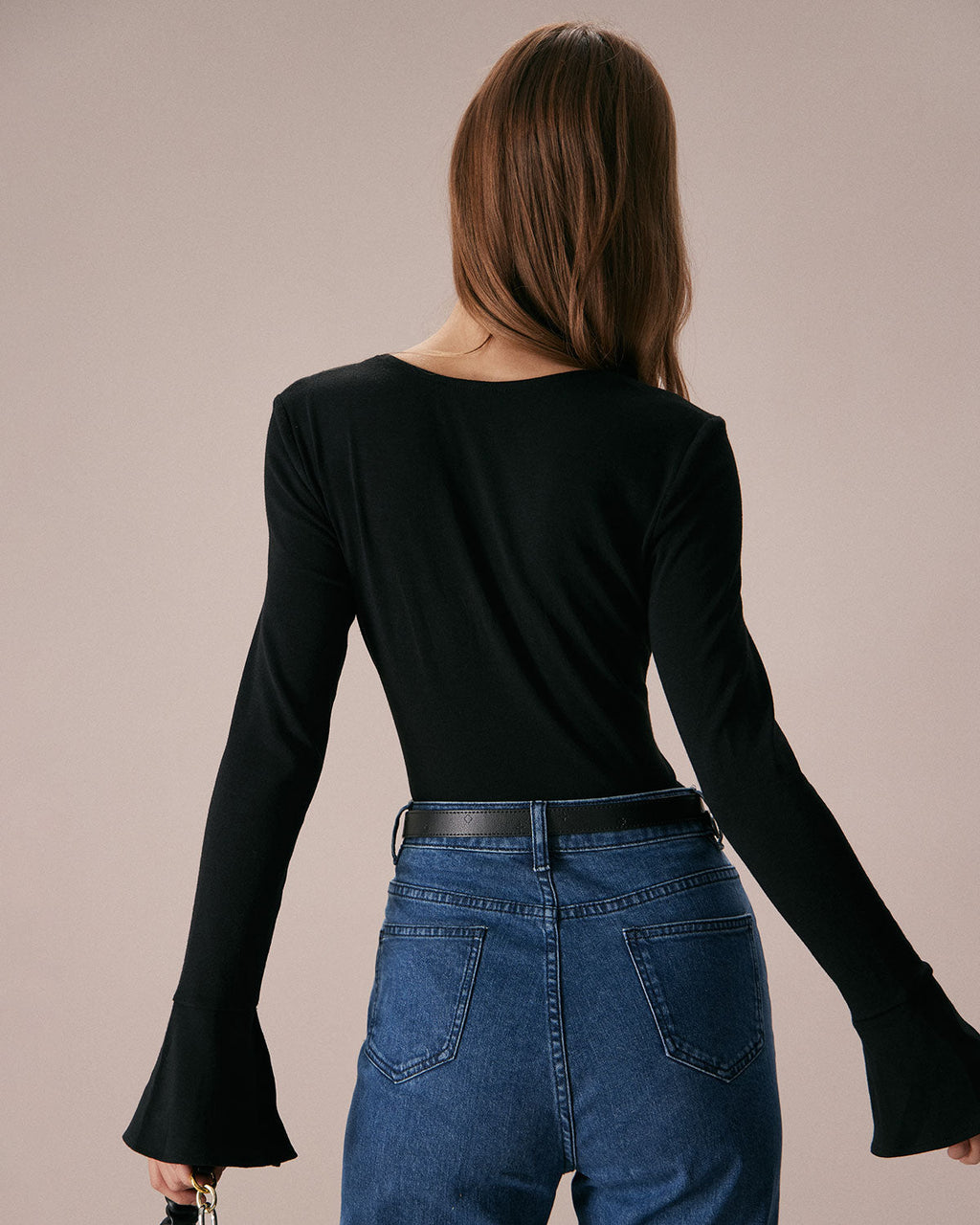 The Black Square Neck Slit Flare Sleeve Tee - RIHOAS - 05