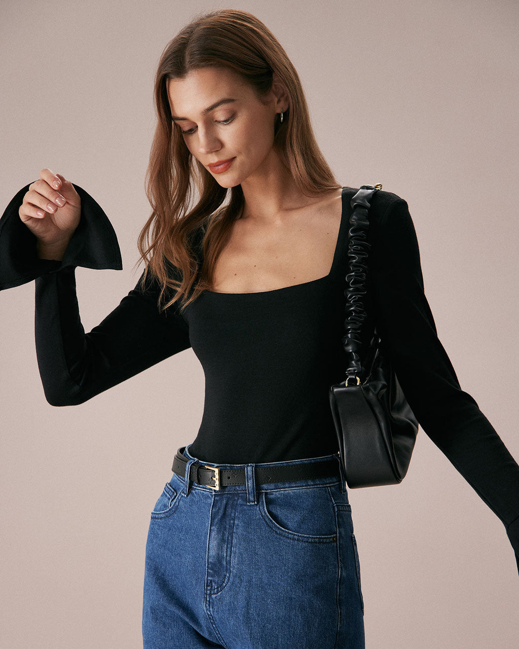 The Black Square Neck Slit Flare Sleeve Tee - RIHOAS - 02