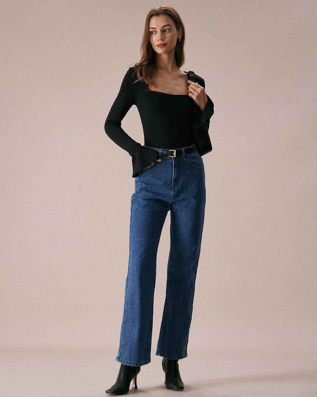 The Black Square Neck Slit Flare Sleeve Tee - RIHOAS - 01