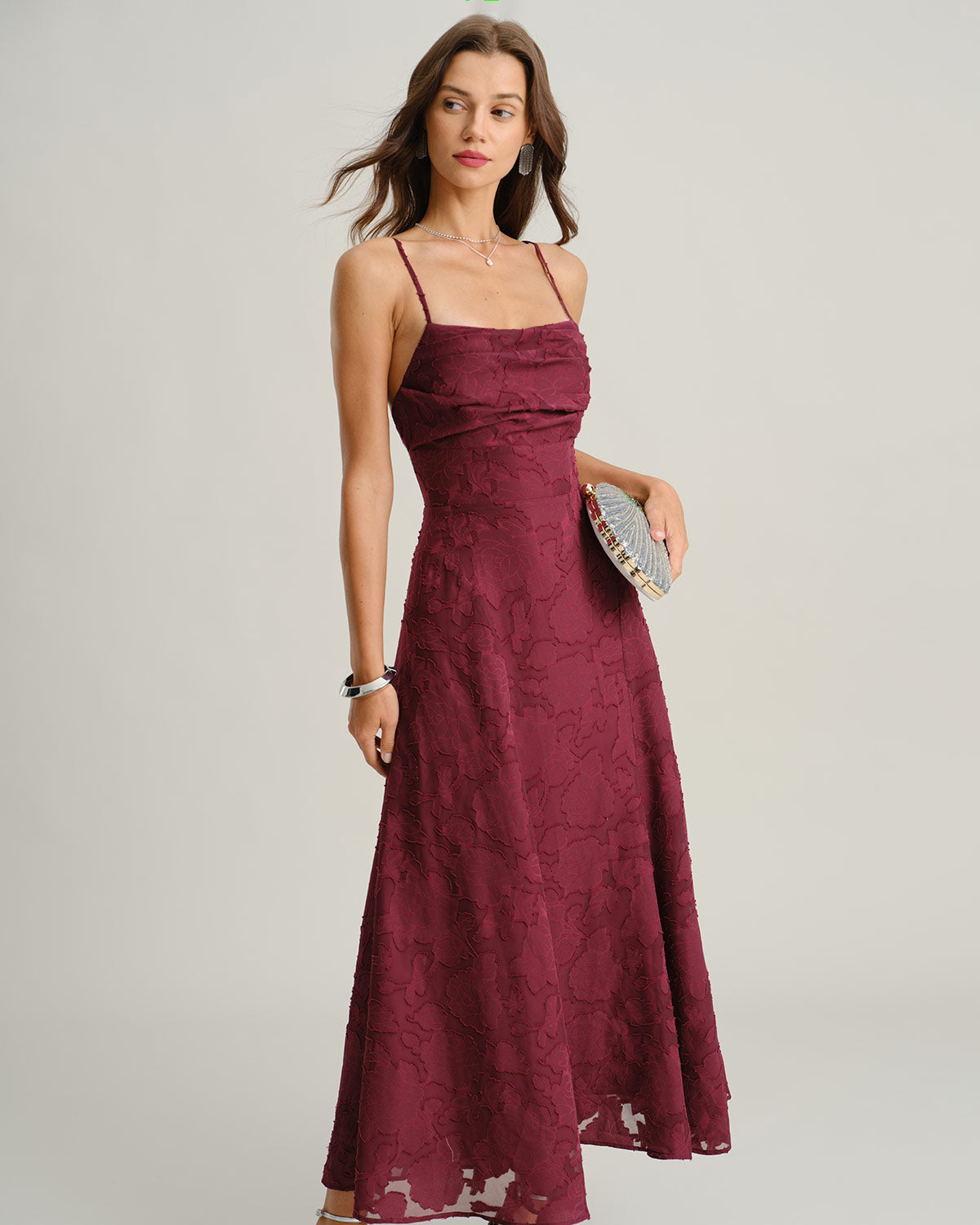 Wine Red Jacquard Slip Maxi Dress - RIHOAS - 02