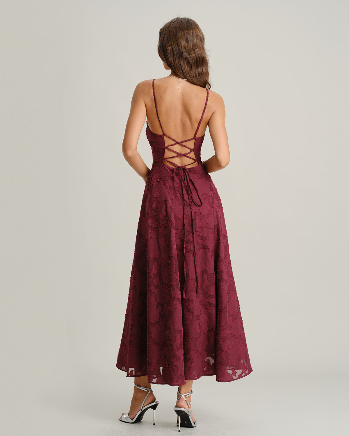 Wine Red Jacquard Slip Maxi Dress - RIHOAS - 04