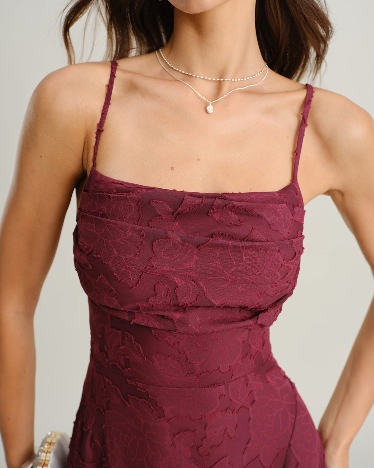 Wine Red Jacquard Slip Maxi Dress - RIHOAS - 01