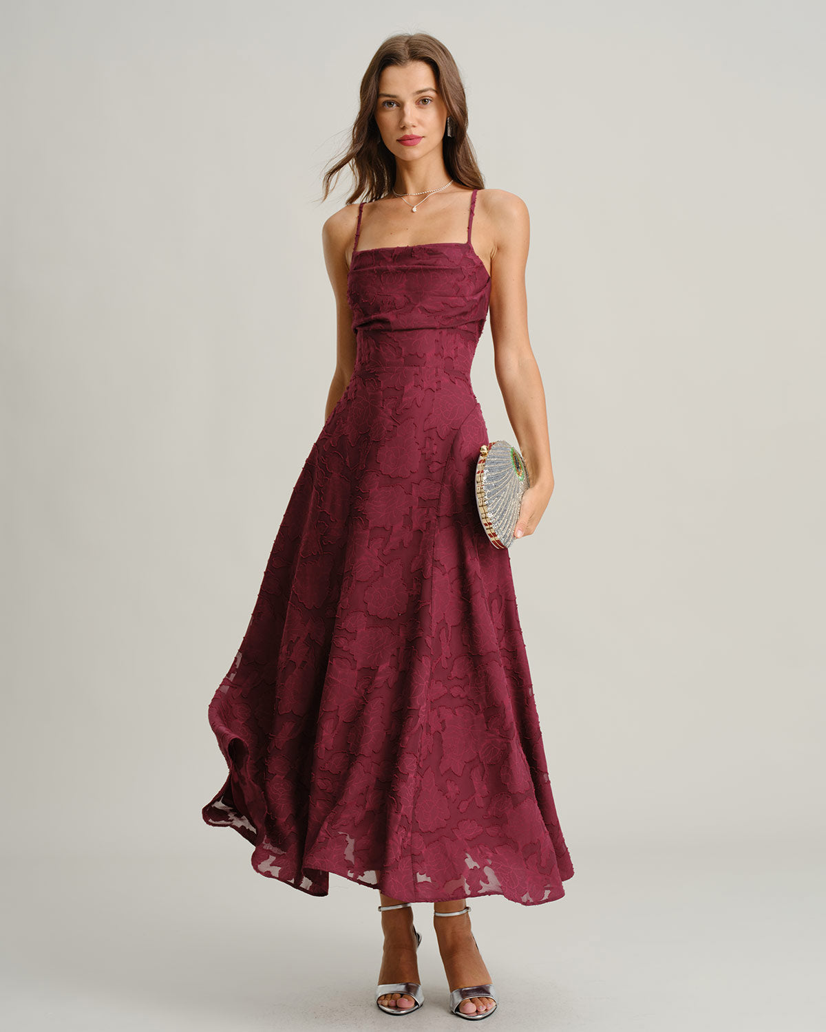 Wine Red Jacquard Slip Maxi Dress - RIHOAS - 03